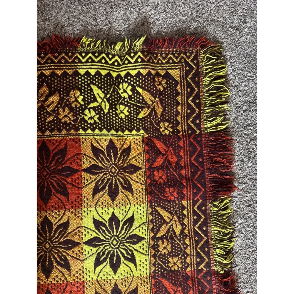 Vintage Polish Folk Wool Blanket Jacquard Floral Geometric Throw. Boho. Autumn.